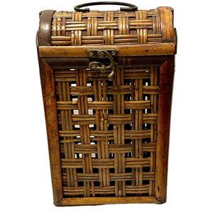 Vintage Decorative Bamboo 2 Bottle Wine Carrier W Hinge Lid And Handle 14x8 Inch
